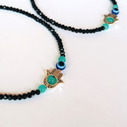 Silver Plated Blue Hamsa Hand Evil Eye Anklet Set